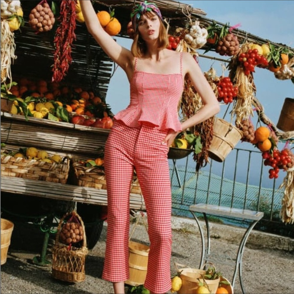 Zara Gingham Mini Flared Red Trouser Pants